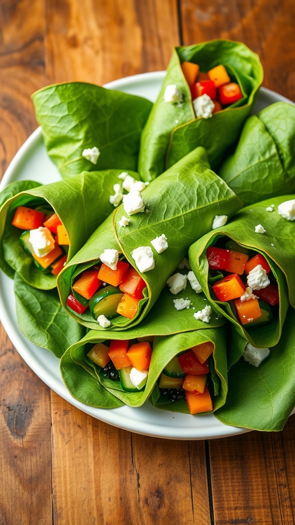 Freshly made spinach wraps filled with colorful vegetables on a wooden plate.
